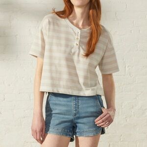 UpWest Cropped Henley Tee Shirt Top S Small Neutral Stripe